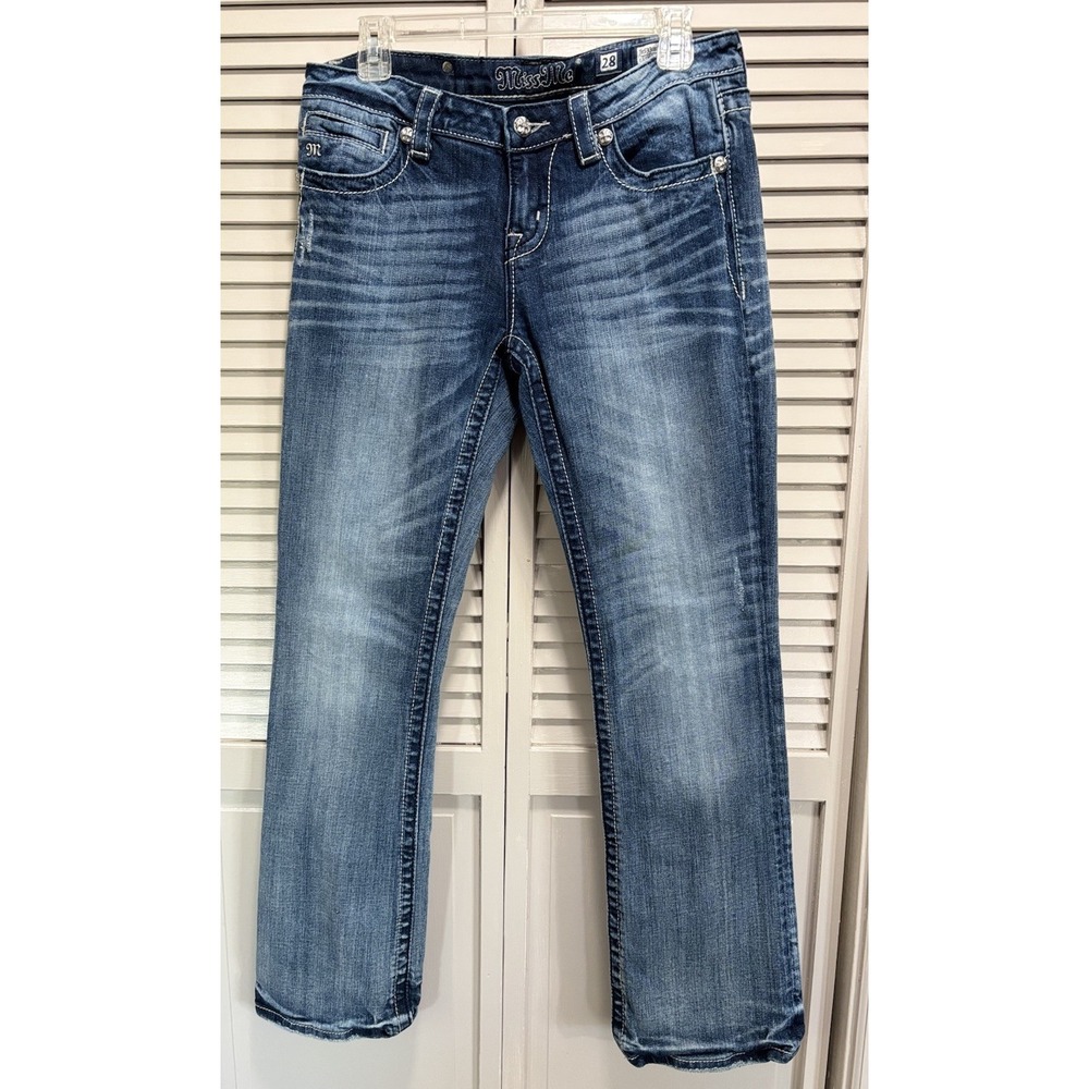Miss Me Easy Boot Jeans Whiskering/Embroidered/Gem/Pearl Logo Size 28 Low‎ Rise